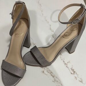 Sam Edelman Taro Pewter Elegant Silver Ankle Strap Heels.